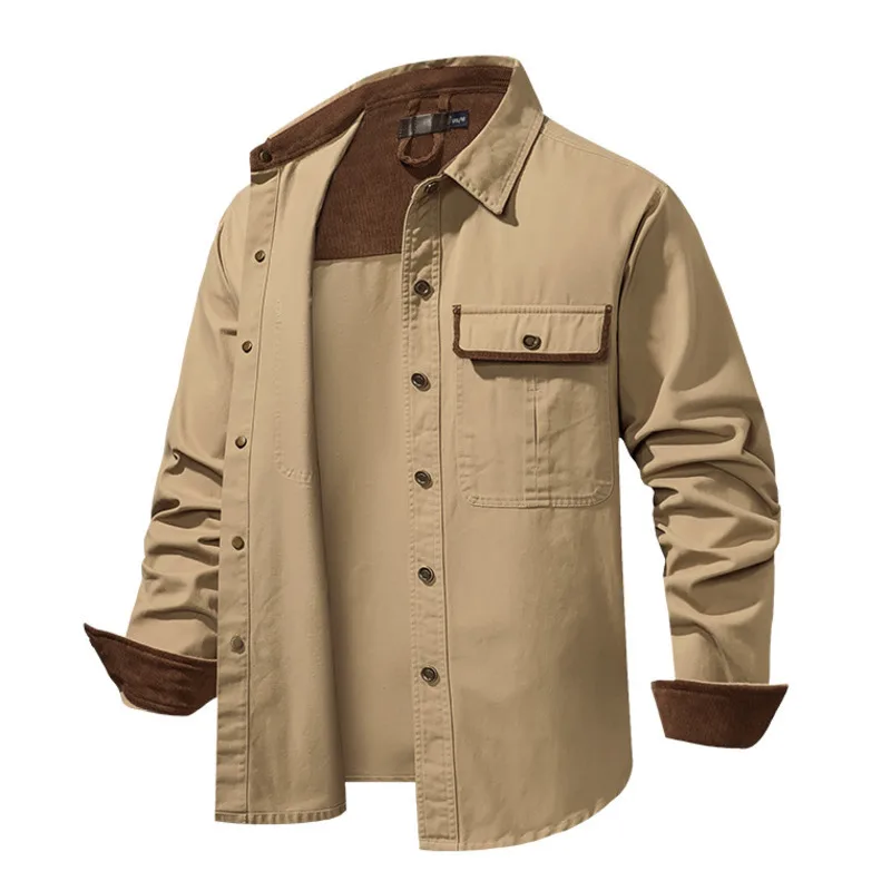 Men's Wash Cotton Cargo Shirt With Chest Pocket Autumn Corduroy Collar Color Block Loose Fit Button Down Workwear Shirts for Man