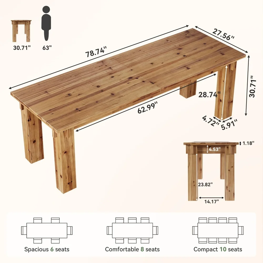 78.74 Inch 2 Person Computer Desk Solid Wood Home Office Desk with Thick Block Legs Modern Rustic Executive Table & Conference
