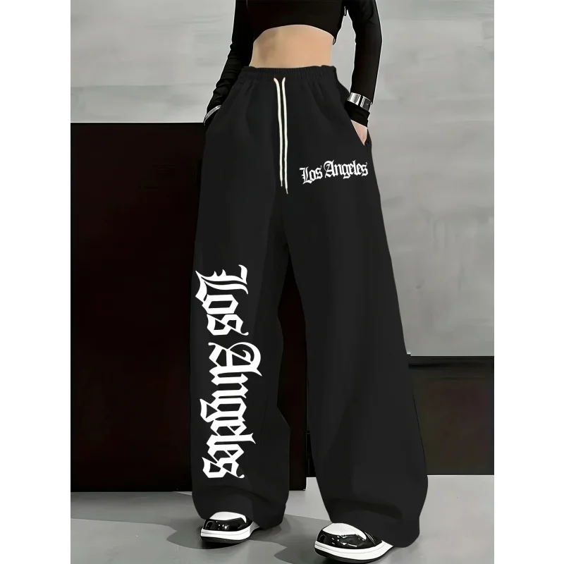 Y2K Black Wide Leg Sweatpants Los Angeles Gothic Letter Print Drawstring Elastic Waist Loose Baggy Hip Hop Streetwear Trousers