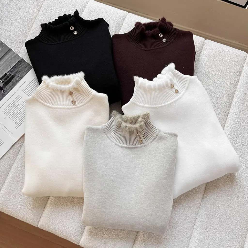 

Women's Wool Backing Shirt Gentle Wind Collar Button Sweater European American Style Winter New Wholesale