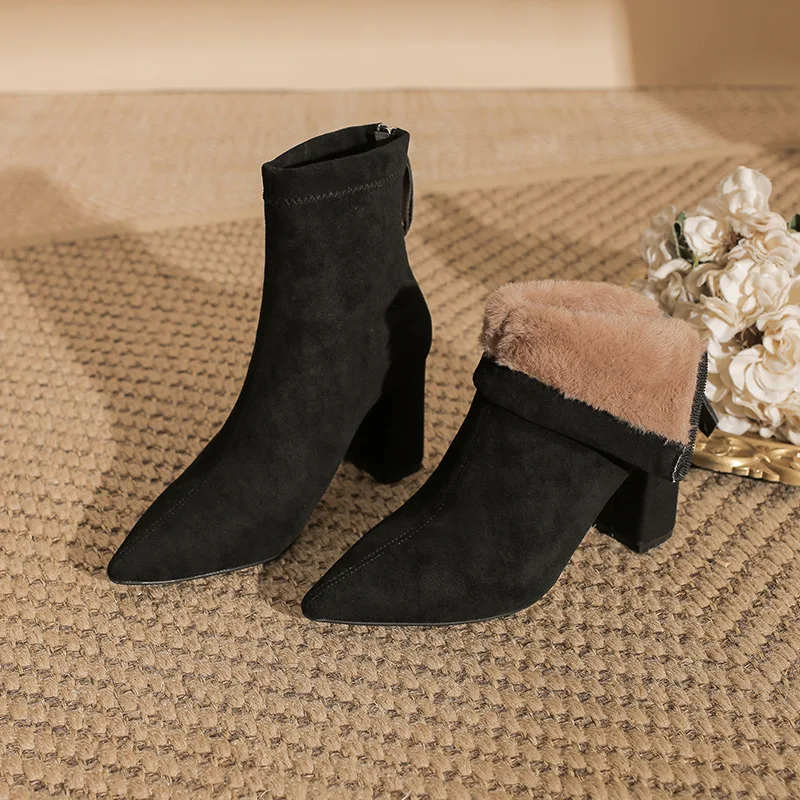 

Small Size 32-43 Winter Women's Pointed Toe Ankle Boots Fur Lined Suede Chunky Heel Zip Design Warm Short Boots