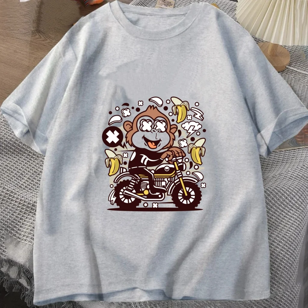 

Cartoon Monkey Riding Motorcycle Print T Shirt Unisex Casual Streetwear Cotton Short Sleeve Tee For Men Women