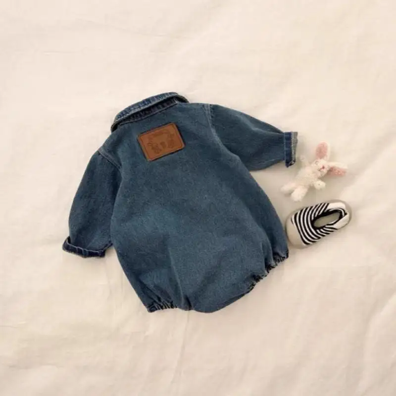 2025 Autumn New Baby Girl Long Sleeve Denim Bodysuit Newborn Infant Boy Lapel Jumpsuit Cute Toddler Loose Clothes 0-24M