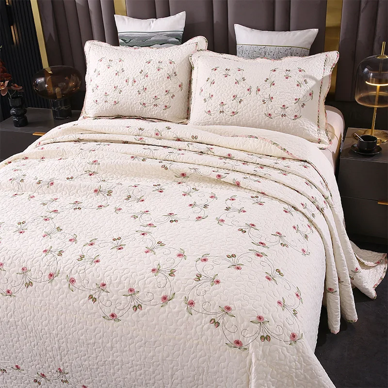 100% Cotton 3-Piece Quilt Set, Floral Embroidered Lightweight Quilted Bedspread All Season,Sandwashed Soft Coverlet Home Decor