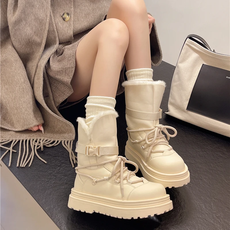 

Women Fur Ankle Cotton Shoes Flats Platform Sport Snow Boots Woman Winter New Lace Up Running Non Slip Plush Warm Botas