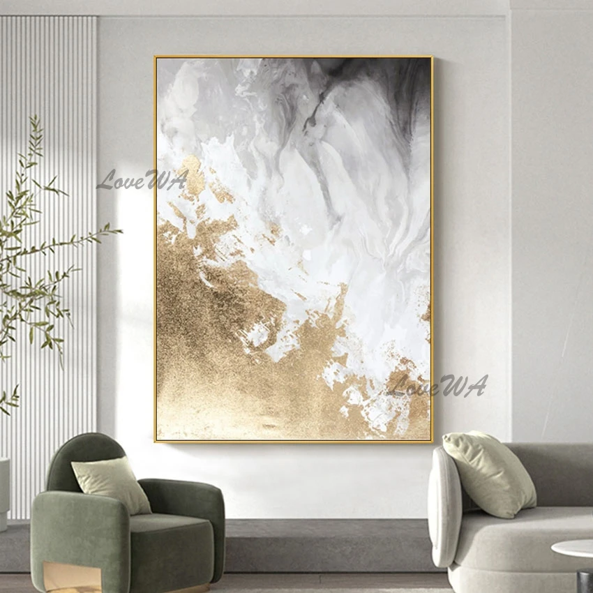 

White Acrylic Artwork Abstract Unframed Gold Foil Textured Oil Paintings Modern Office Wall Decor Picture Canvas Roll Art Mural