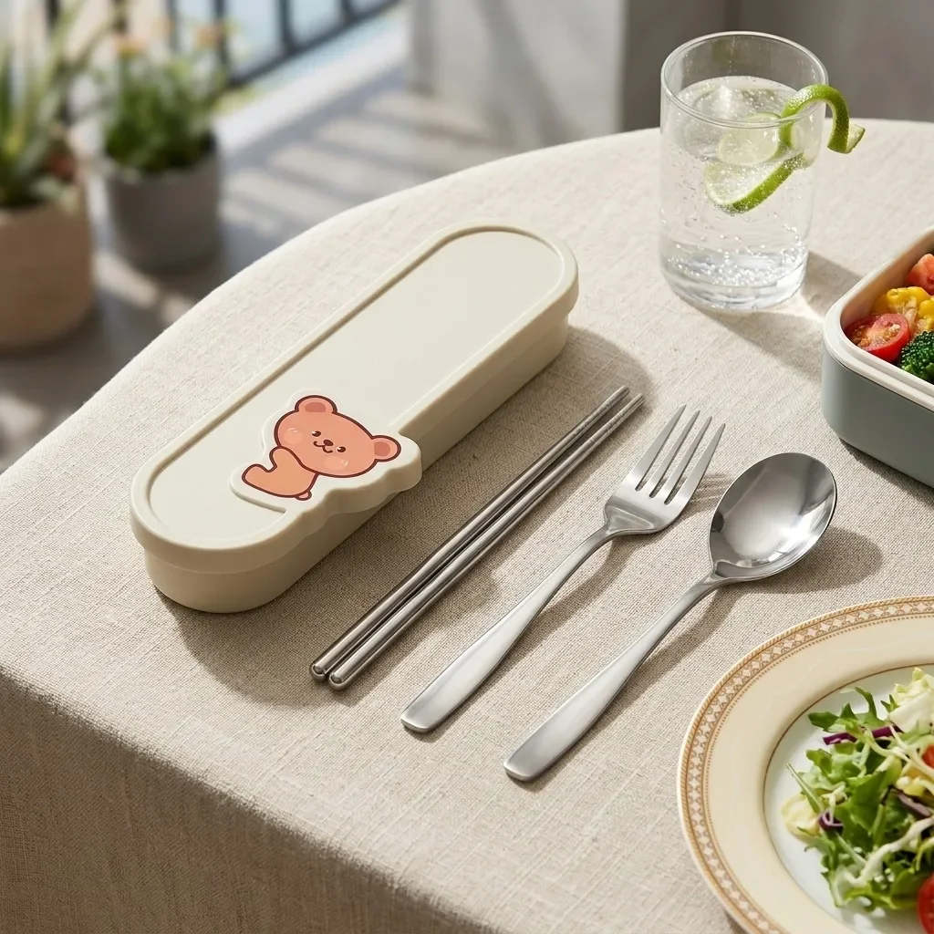 Portable Stainless Steel Cutlery Set with Bear Case Travel Spoon Fork Chopsticks Tableware Silverware Utensils for School Lunch