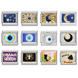 1pc Fashion Moon Star Fish Spider Poker Queen Eye Charm Italian Links Fit 9mm Stainless Steel Bracelet Making DIY Jewelry