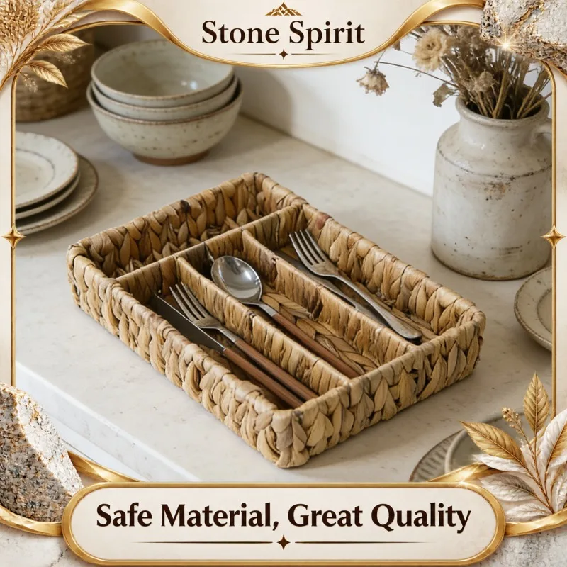 Natural Water Hyacinth Divided Cutlery Storage Basket,Woven Organizer for Spoons Forks Knives,Desk Tray for Kitchen Dining Table