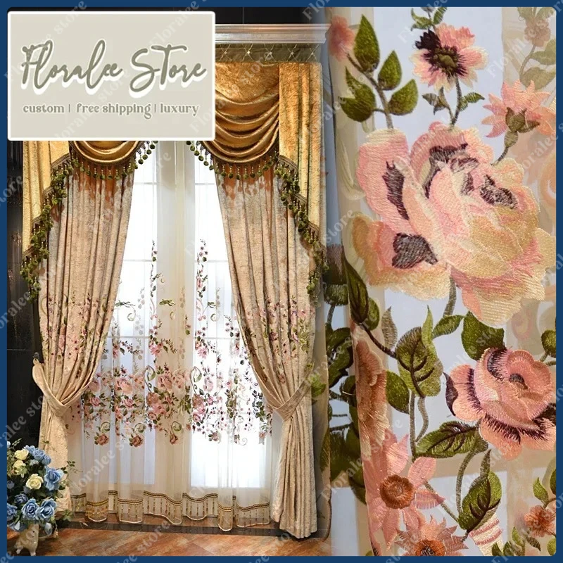 European Luxury Embroidery Jacquard Blackout Curtains For Living Room Bedroom Dining Hall Romantic Custom Size Grace Decor Tulle
