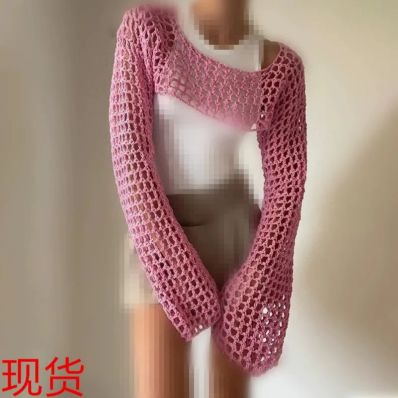 Summer Woman Cardigan Round Neck Long Sleeve Knit Cardigan Loose Cropped Open Front Cardigan Pink Bell Sleeve Knit Sweater