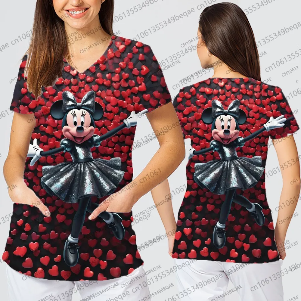 2025 الصيف Y2k الخامس الرقبة قصيرة الأكمام المرأة تي شيرت مع جيب ديزني الطباعة العصرية الأعلى ملابس الشارع الشهير الإناث