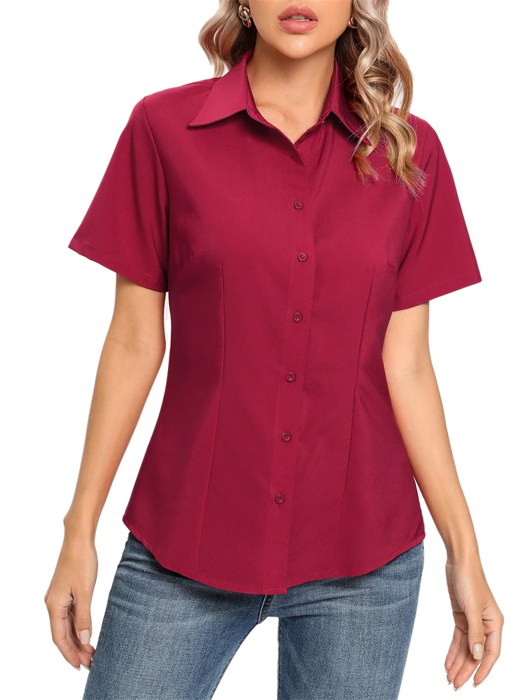 

Simple Fashion Solid Color Women's Short-sleeved Shirt Daily Commuting Casual Lapel Button Down Shirt Business Shirt T-shirt