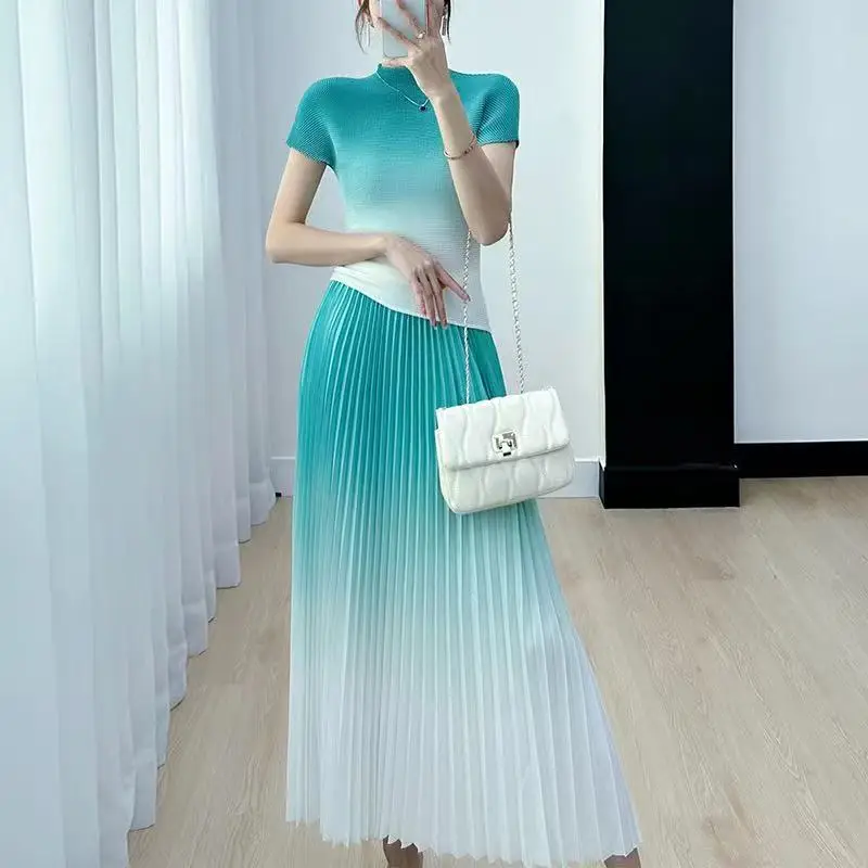 

Women Two piece set 2025 New Women's Skirt 2PCS Summer Miyake High-end layered Pleated Top And Pleated Skirt Set Lady Suit