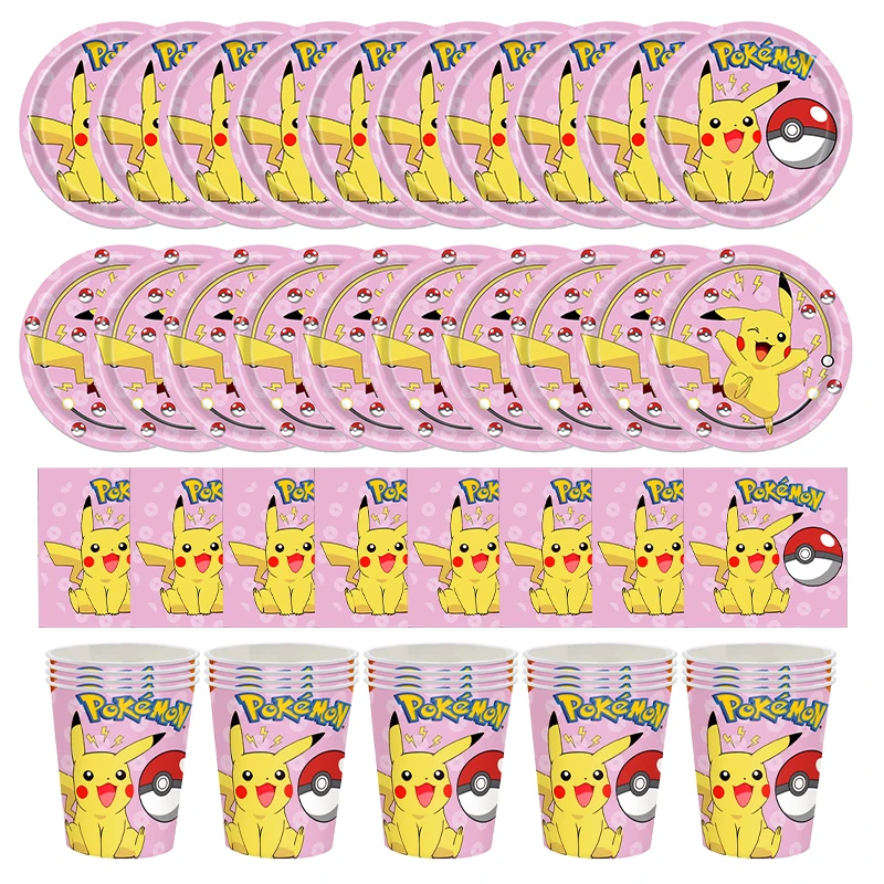 Pokemon Pink Birthday Party Decorations Supplies Pikachu Tableware Paper Napkin Cup Plate Tablecloths Balloons Party Decor Kids