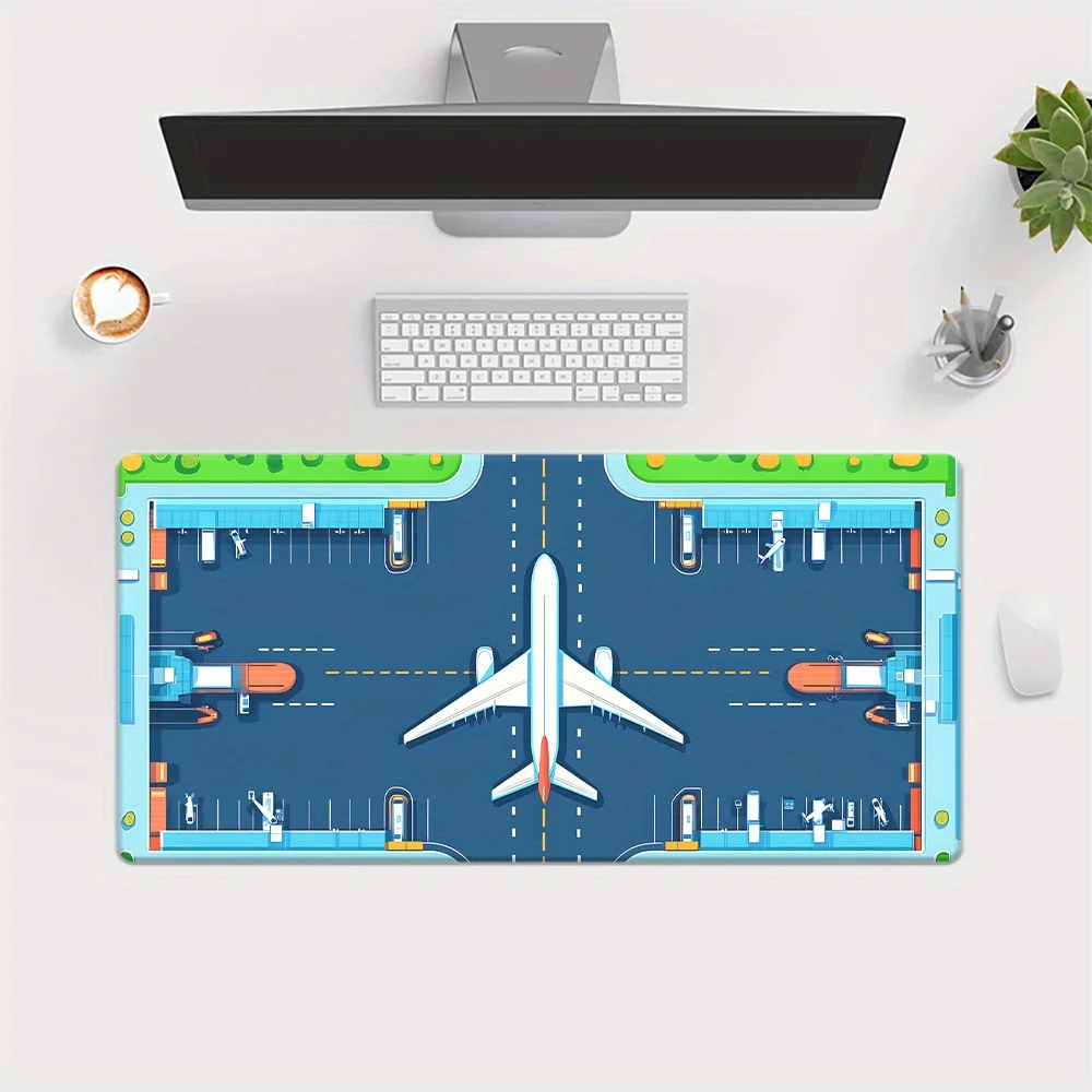 

Airport-themed mouse pad, aircraft and runway design, blue table mat for gaming and office use, durable rubber base