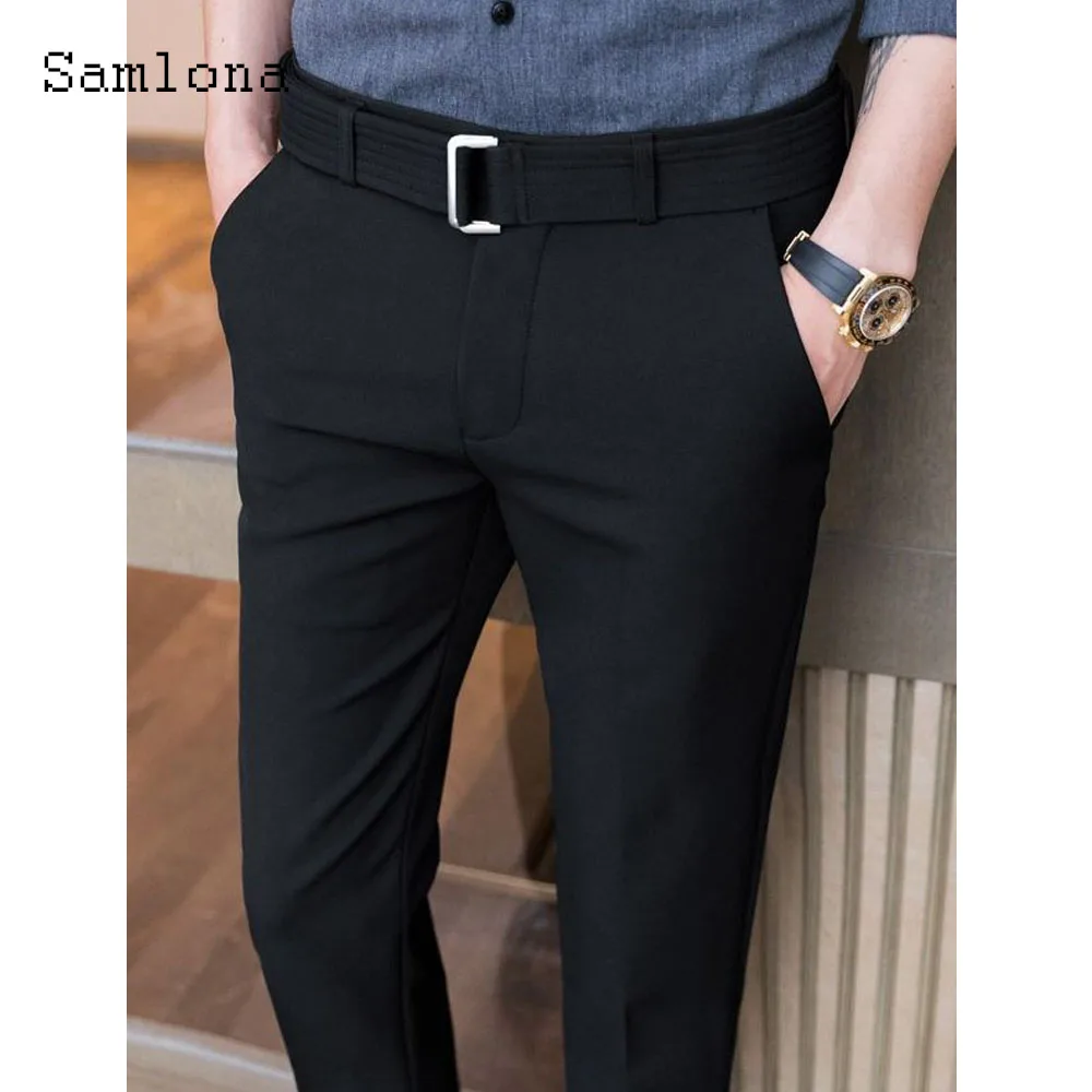 Men Fashion Buckle Up Suits Pants Light Gray Ankle-Length Trousers Men's Stand Pocket Elegant Formal Party Dress Suit Pants