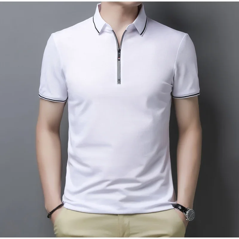 Business Casual Men T Shirt 2024 Summer Short Sleeve Turn-Down Collar T-Shirt Solid Color Zipper T Shirt for Men ZL217