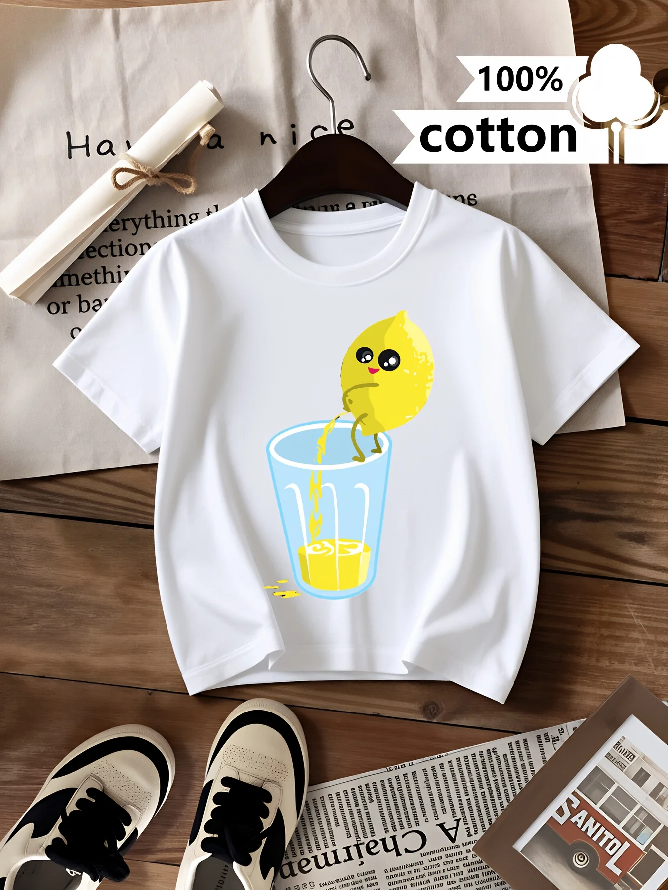 Children and Youth Lemon Juice Extraction Fun Pattern Printing Pattern Round Neck T-shirt Casual Fashion Parent Child Clothing
