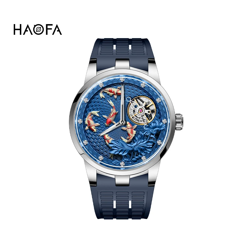 

Haofa Carrousel Mechanical Watches for Men Luxury Sapphire Karrusel 3D Engraving Rotating Mens Wristwatch Waterproof Casual 1951