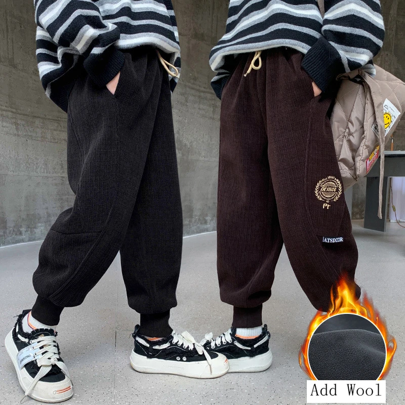 Winter Warm Trousers for Big Boys Cotton Pure Color Corduroy Sweatpants Elastic Waist Fleece Add Wool Loose Jogger Pant 8 12 Yrs