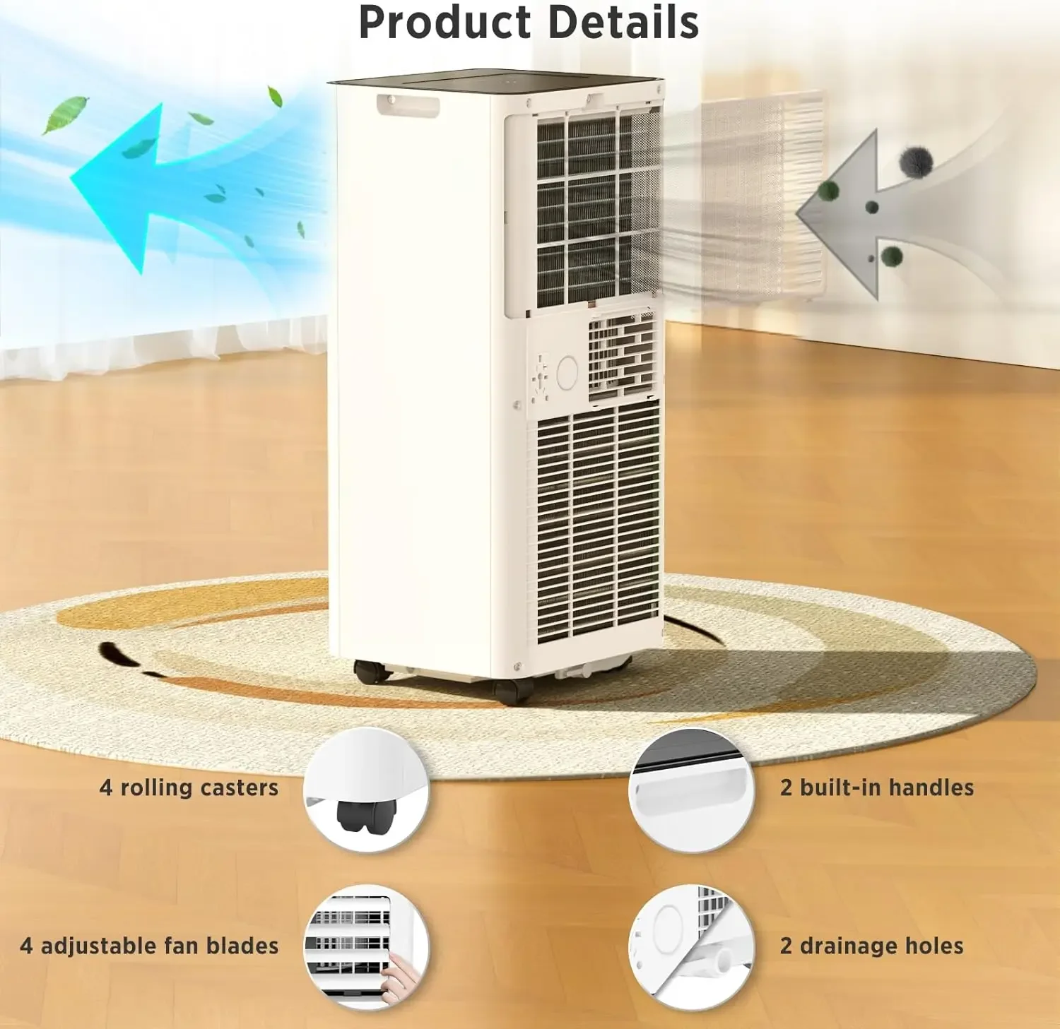 AC portabel 8,000 BTU, penyejuk udara hingga 350 Sq.Ft, 4 mode portabel AC dengan mode keren/Dehumidifier/Mode kipas/Remote