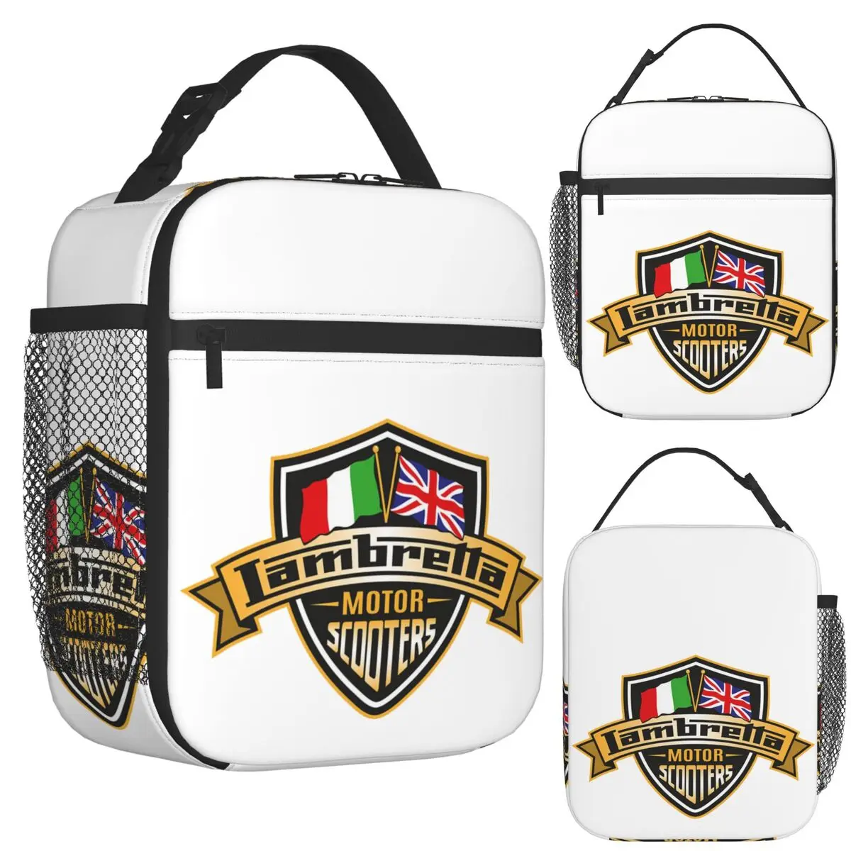 

Lambretta Motor Scooters With Union Jack And Italian Flags Insulated Lunch Bag Women Storage Food Boxes Thermal Lunch Box Tote