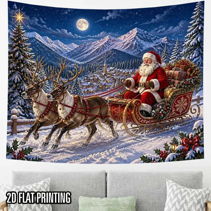1pc Tapestry, 2D Flat Print Santa Sleigh Reindeer Snowy Mountain Christmas Tapestry,Winter Holiday Decor for Bedroom Living Room