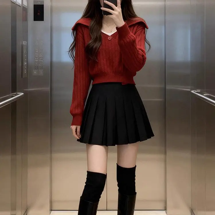 Korean Style V-Neck Long Sleeve Knitted Sweater Women's Autumn Winter Short Slimming Elegant Beautiful Versatile Top