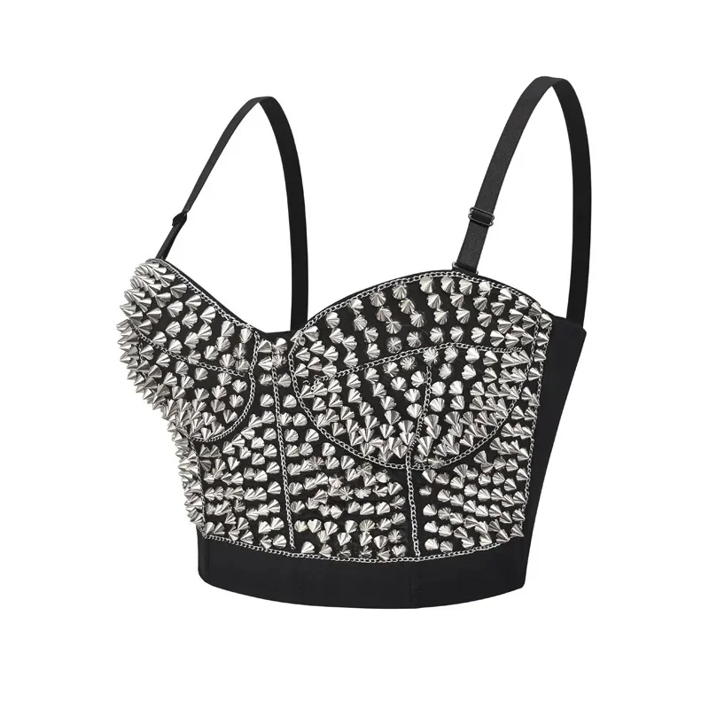 Punk Silver Rivets Off-shoulder Bralette Corset Women Sexy Lingerie Black Push Up Unwired Bra Top Dance Underwear Clubwear