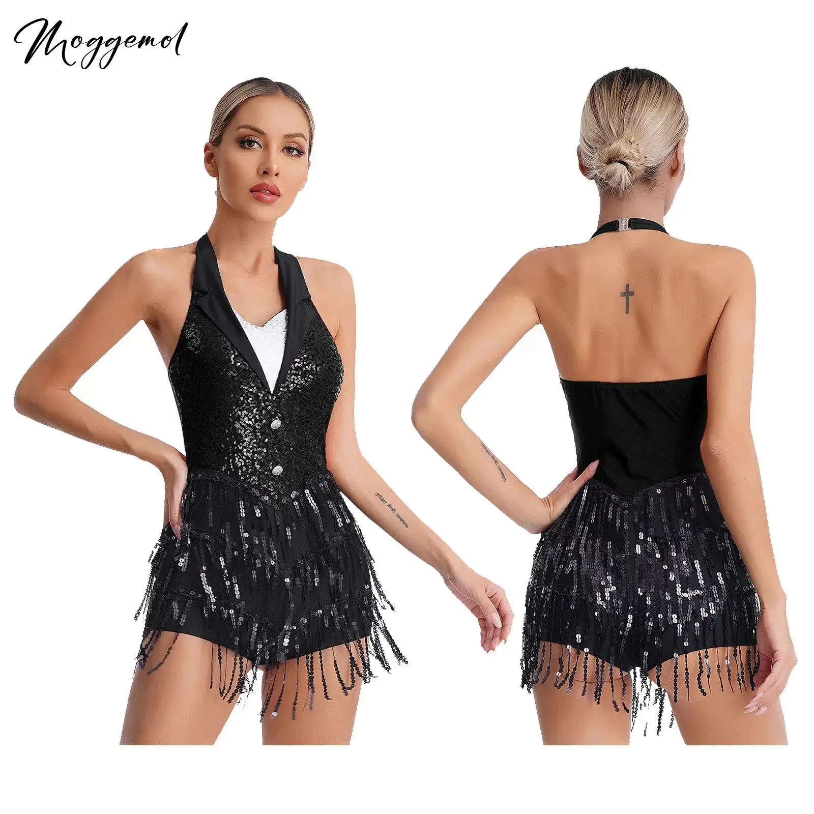 Women Jazz Latin Dance Leotard Competition Tango Cha Cha Rumba Costume Halter Neck Tassel Shiny Sequins Fringe Dress Dancewear