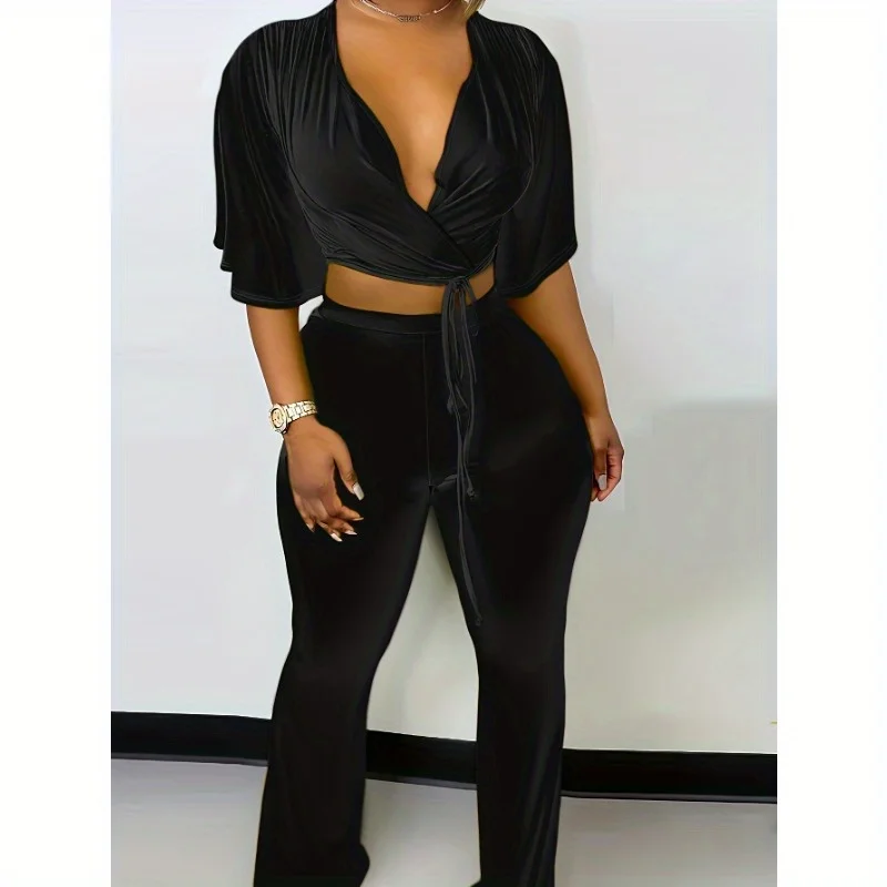 

Fashion Casual Solid Color Lace Up V-neck Half Sleeve Two-piece Set