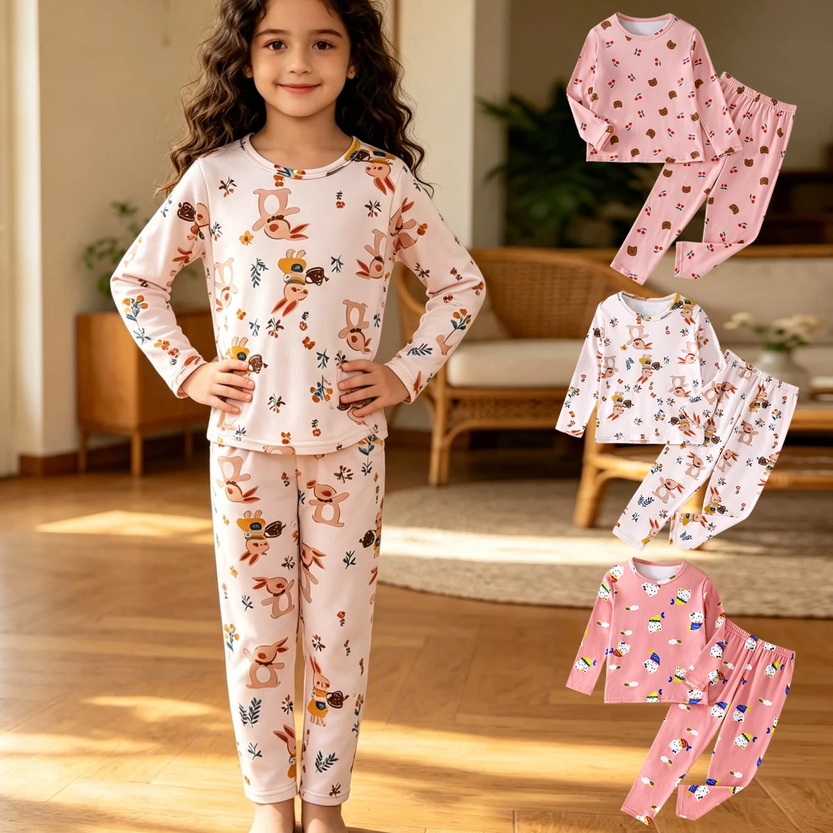 2-piece Autumn And Winter Girl Full Print Cute Cartoon Long Sleeved Pants Warm And Thick Underwear Set Comfortable Home Clothes