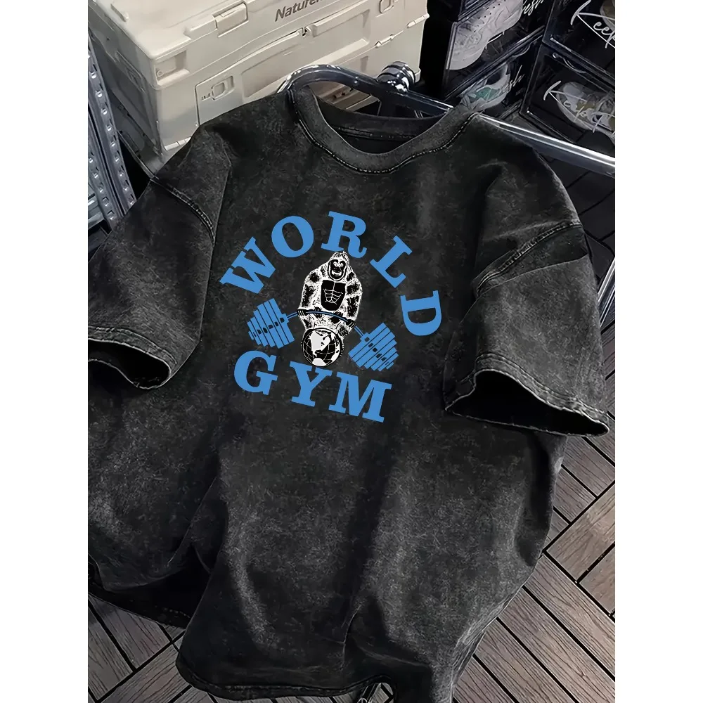 Vintage Acid Wash World Gym Gorilla Grafik T-Shirt Übergroßes Workout Casual Baumwoll-Oberteil für Männer Frauen Grafik T-Shirts Y2k Top