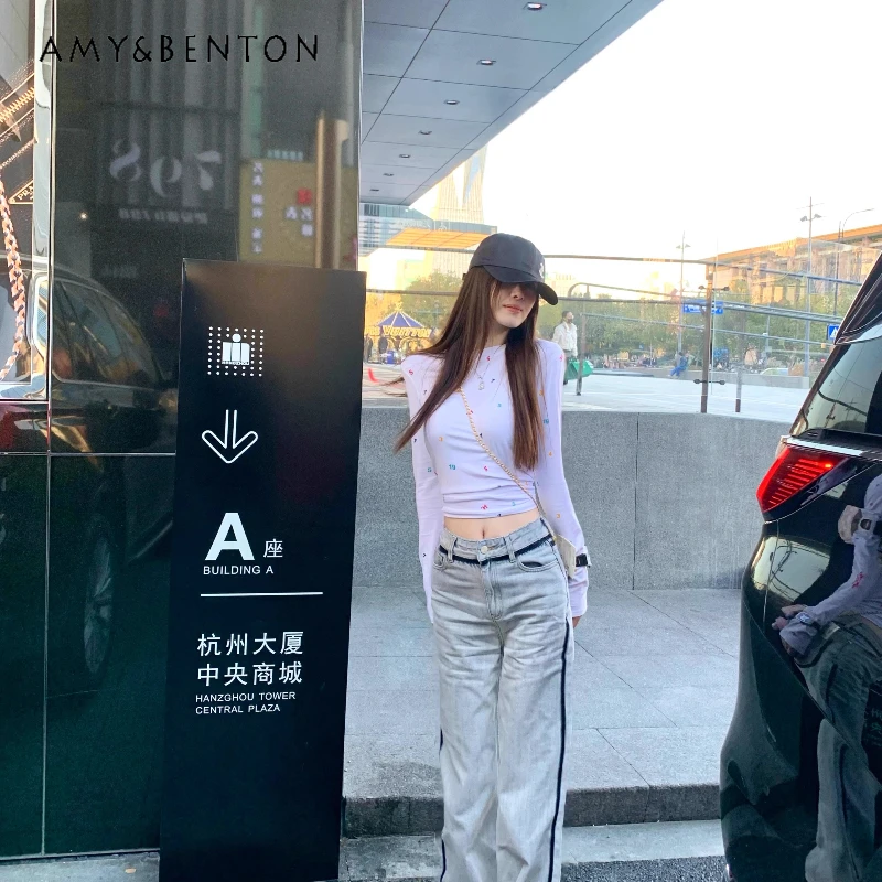 

Spring Summer White Slim Elastic Digital Printed Women's Top Original Temperament Versatile Casual Long-sleeved T-shirt Ladies
