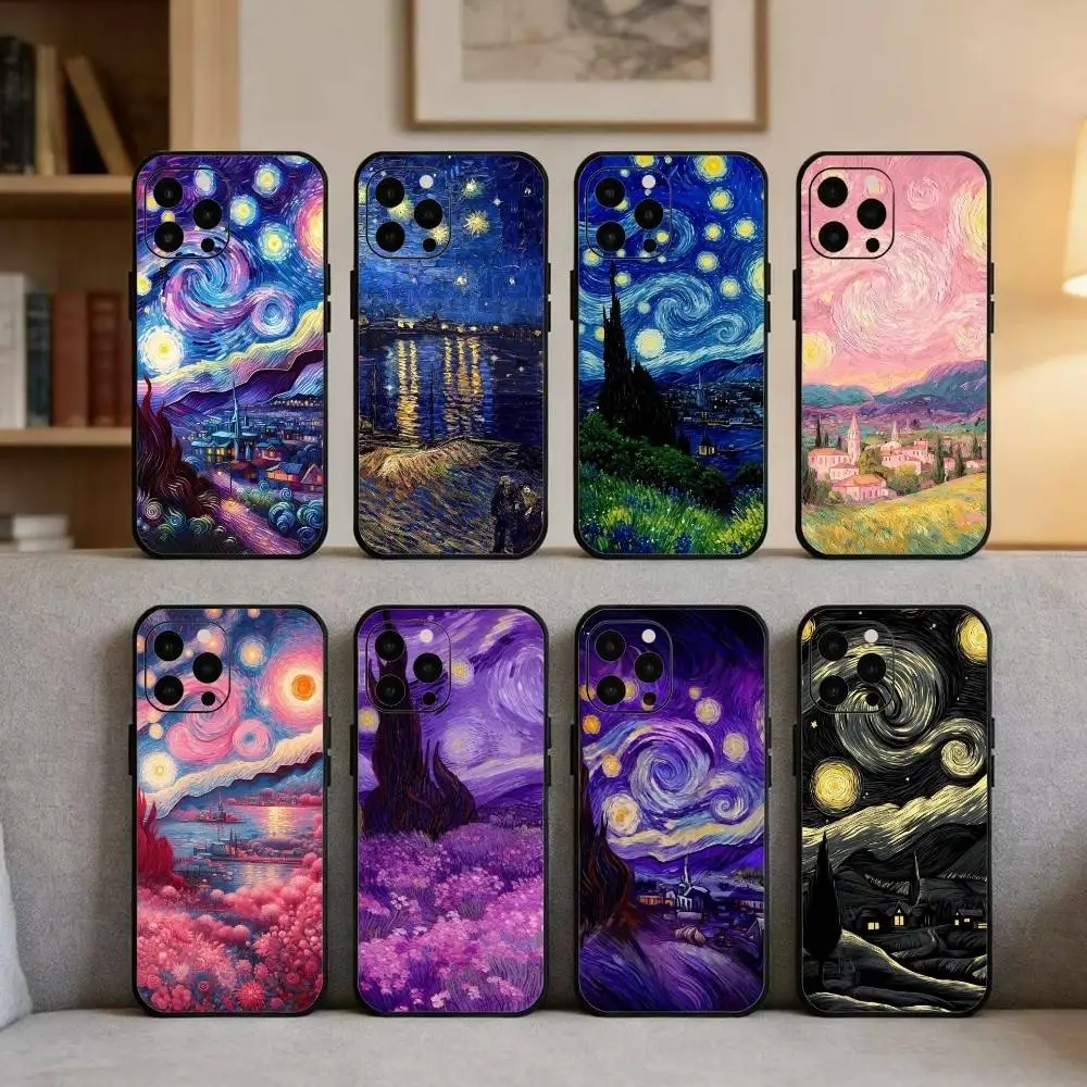 

V-Van G-Gogh The Starry Night Phone Case For iPhone 16,15,14,13,12,17,Pro Max,Plus Silicone Black Case