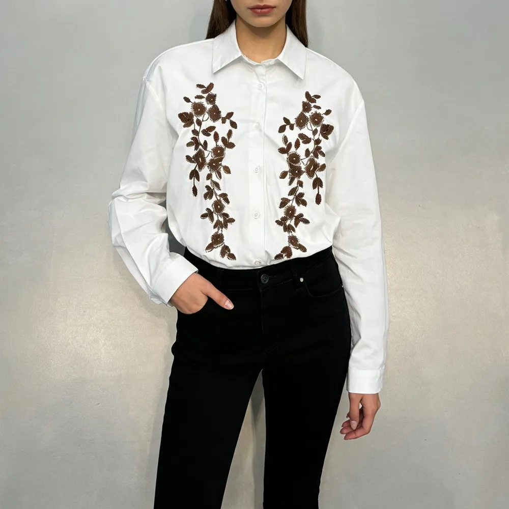 TWOTWINSTYLE Solid Spliced Embroidery Shirt Female Lapel Long Sleeve Loose Minimalist Commute Women's Shirts Autumn Fashion New