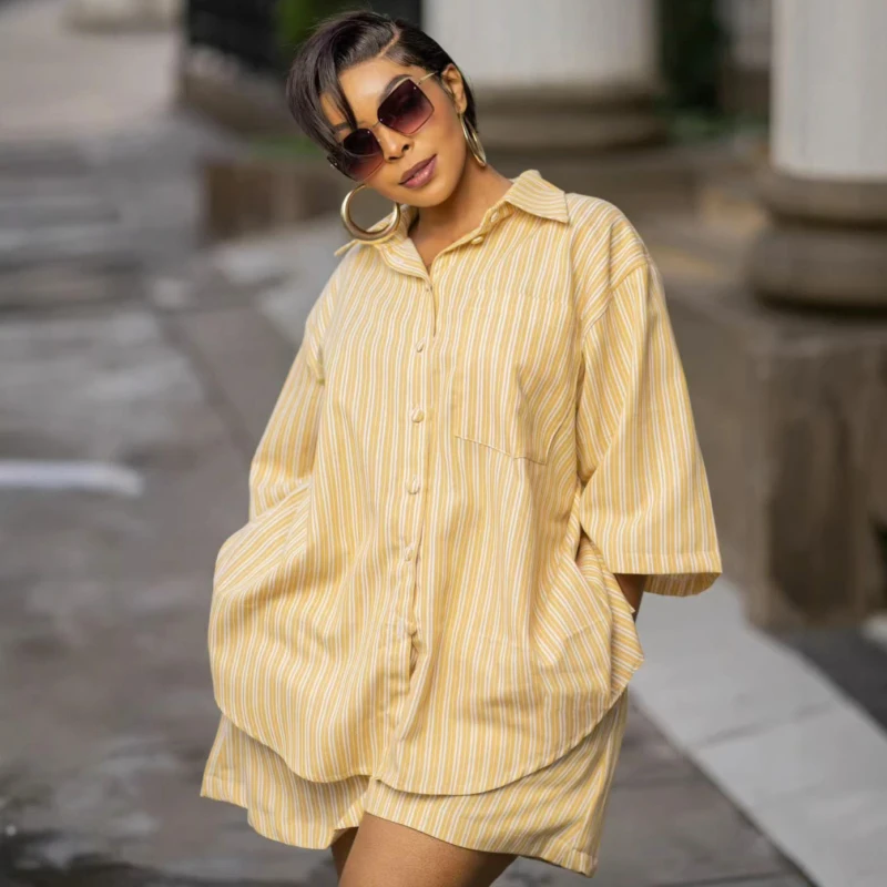 New African Fashion Women Two Piece Shorts Set Casual Striped Printed Long Sleeve Hollow Out Back Loose Shirt And Shorts Set