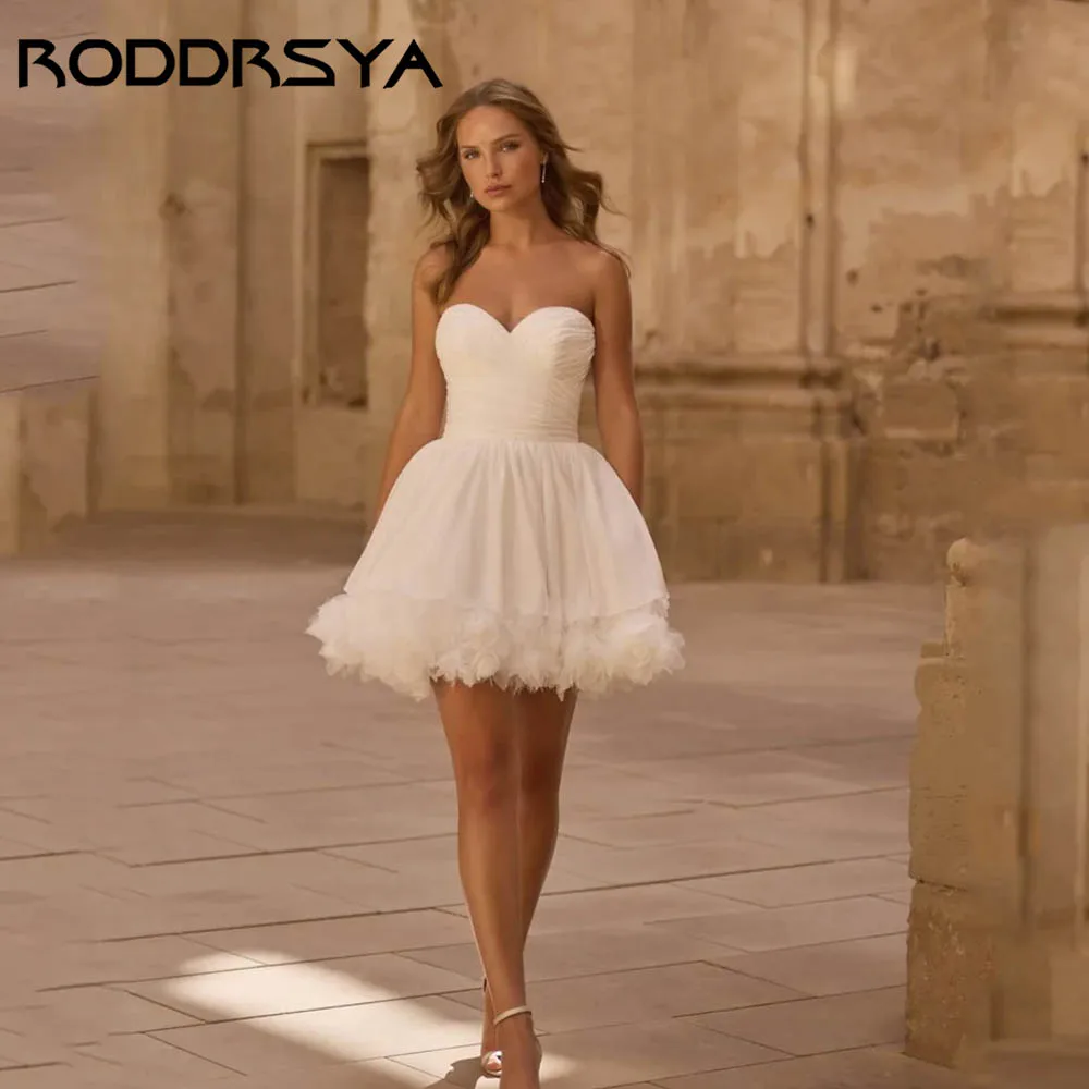 

RODDRSYA Short Strapless Wedding Dress A-line 3D Floral Modern Bridal Ballgown Sleeveless Chiffon vestidos de novia Customized