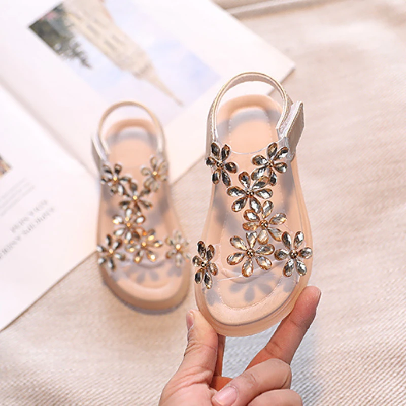 Summer Girls Sandals Rhinestone Flip Flops Children Princess Shoes Girls Bling Slipper Beach Shoes Kids Bowtie Slides Baby