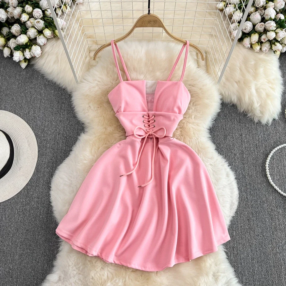 

Summer Korean Style Spaghetti Strap Dress Pink Tulle Splice Hollow Out Bandage Dress Sexy A-line Mini Women Club Clothes