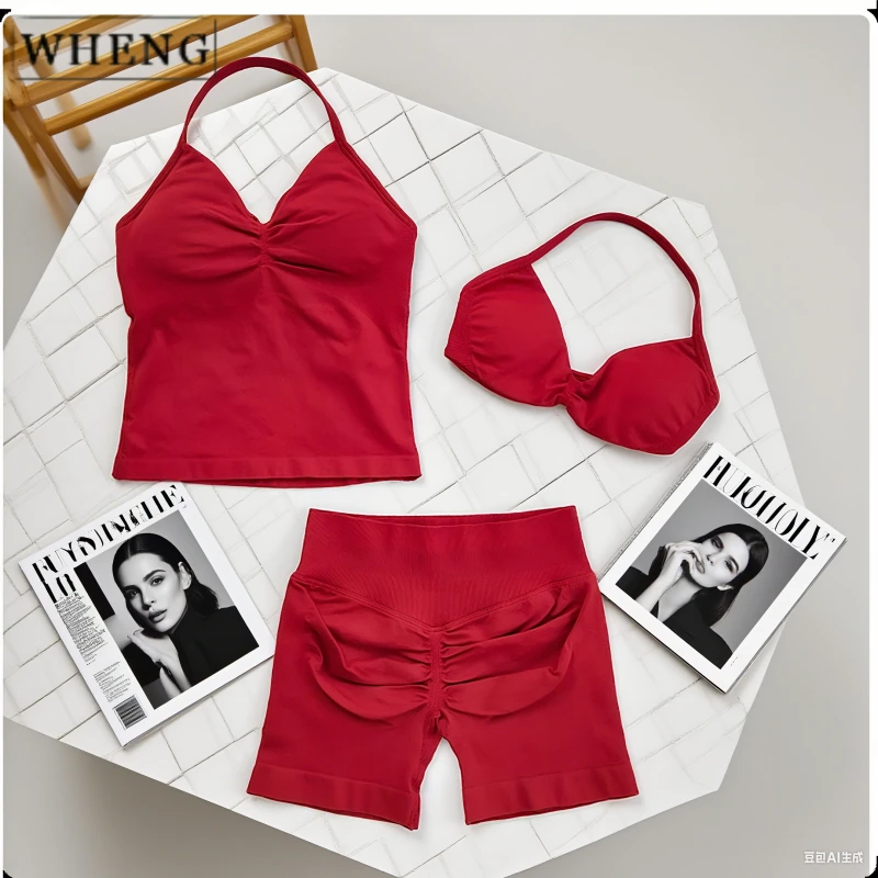 

WHENG 2-piece Women's Yoga Set Seamless Impact Longline Lace-Up Tank Top Scratched Sports Shorts Gym Clothes Women's Clothing