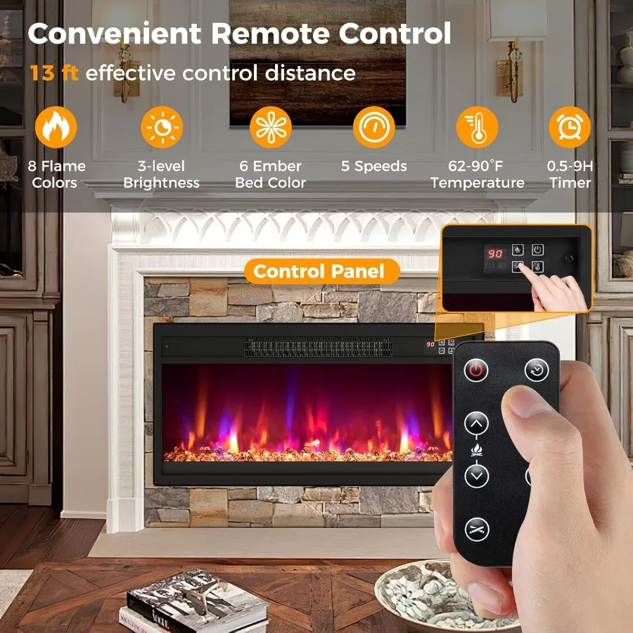 26 Electric Fireplace Insert Recessed Fireplace Heater with 8 Flame Colors 6 Ember Bed Colors Remote Control 9H Timer Thermosta