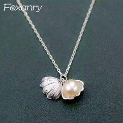 Foxanry 1 Pcs Silver Color Pearl Necklace For Women Simple Elegant Sweet Creative Open Shell Pendant Clavicle Chain Jewelry Gift