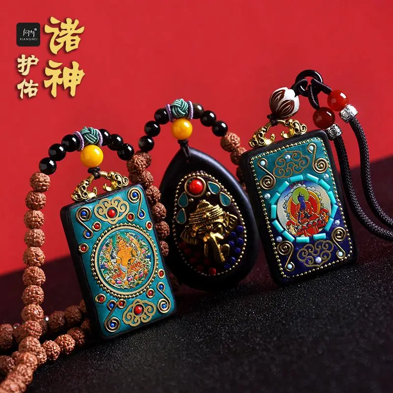 UMQ Handmade Amulet Fortune Yellow God of Wealth Bhaisajyaguru Sweater Chain Men's and Women's Ebony Thangka Pendant