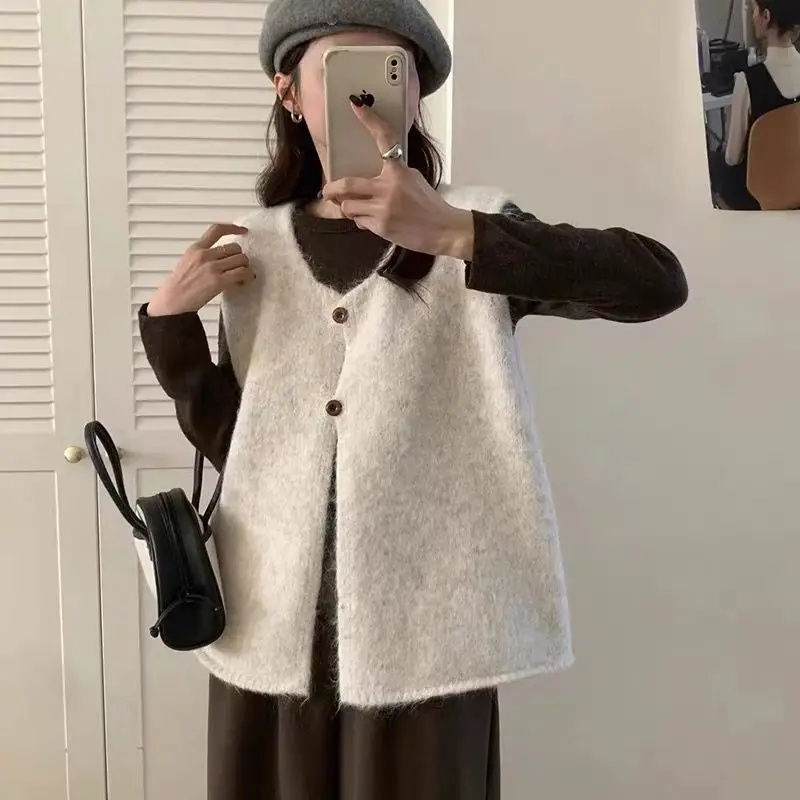 Japanese Vintage Knit Vests Tank Top Women Sleeveless Knit Cardigan Waistcoat O-neck Coat Top Vests Jackets Soft Sweater Trend