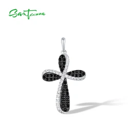 SANTUZZA Pure 925 Sterling Silver Pendant For Women Simple Classic Cross Black Spinel White CZ Elegant Fashion Fine Jewelry