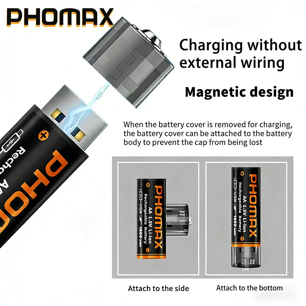 

PHOMAX 1.5V AA USB Rechargeable Batteries 1800mWh Li-ion Battery 1 Hour Fast Charge Long Life Battery for Remote Control Game