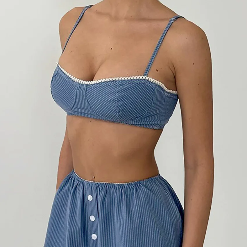 European and American Style Ladies Summer New Suspender Top Striped Shorts Pajamas Home Clothes Two-piece Set