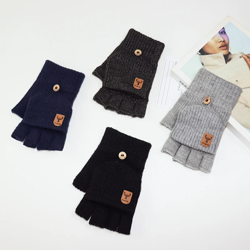 Herren-Winter-Halbfingerhandschuhe für Paare, Studenten, Schreiben, fingerlos, koreanischer Stil, warme Flip-Top-Fahrradhandschuhe aus gestrickter Wolle für Herbst und Winter